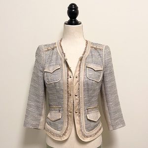 White House Black Market Cream Hook Eye 3/4 Sleeves Frayed Trim Jacket Studded 0